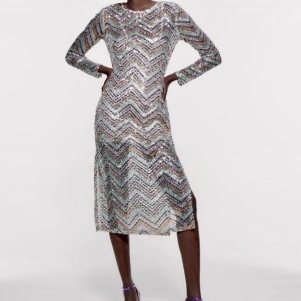 Zara Limited Edition Multicolored Zigzag Sequin Midi Dress with slip